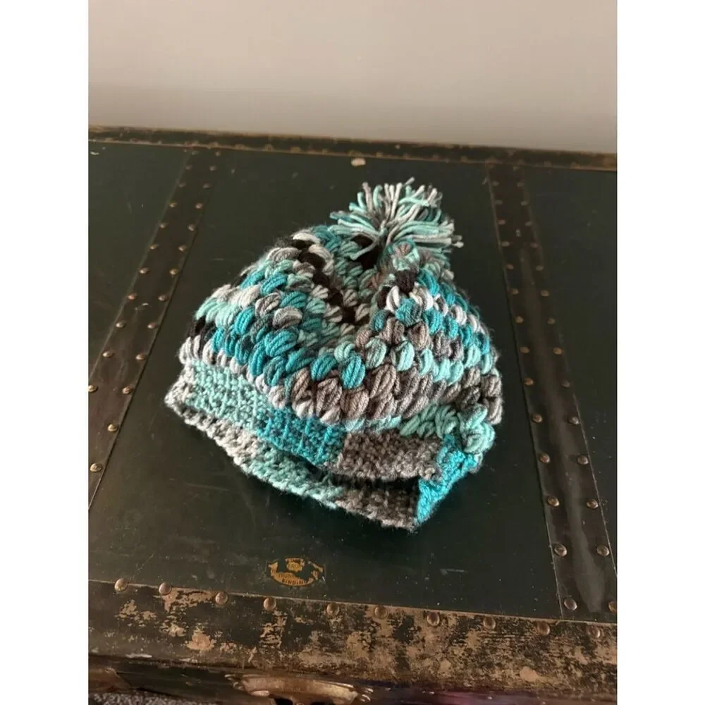 Women Blue Multicolor Crochet Handmade Cute Beanie New Headpiece